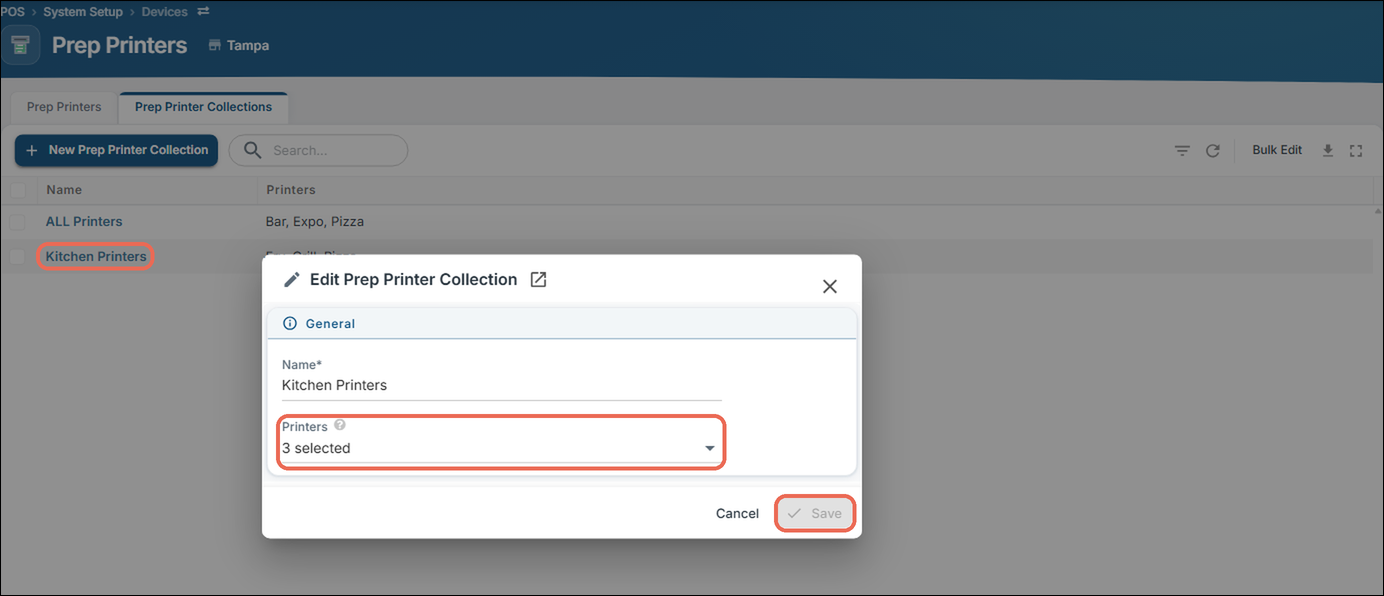 The Kitchen Printers collection's name marked on the Prep Printer Collections tab, and the Edit Prep Printer Collection window with the Printers box and the Save button marked