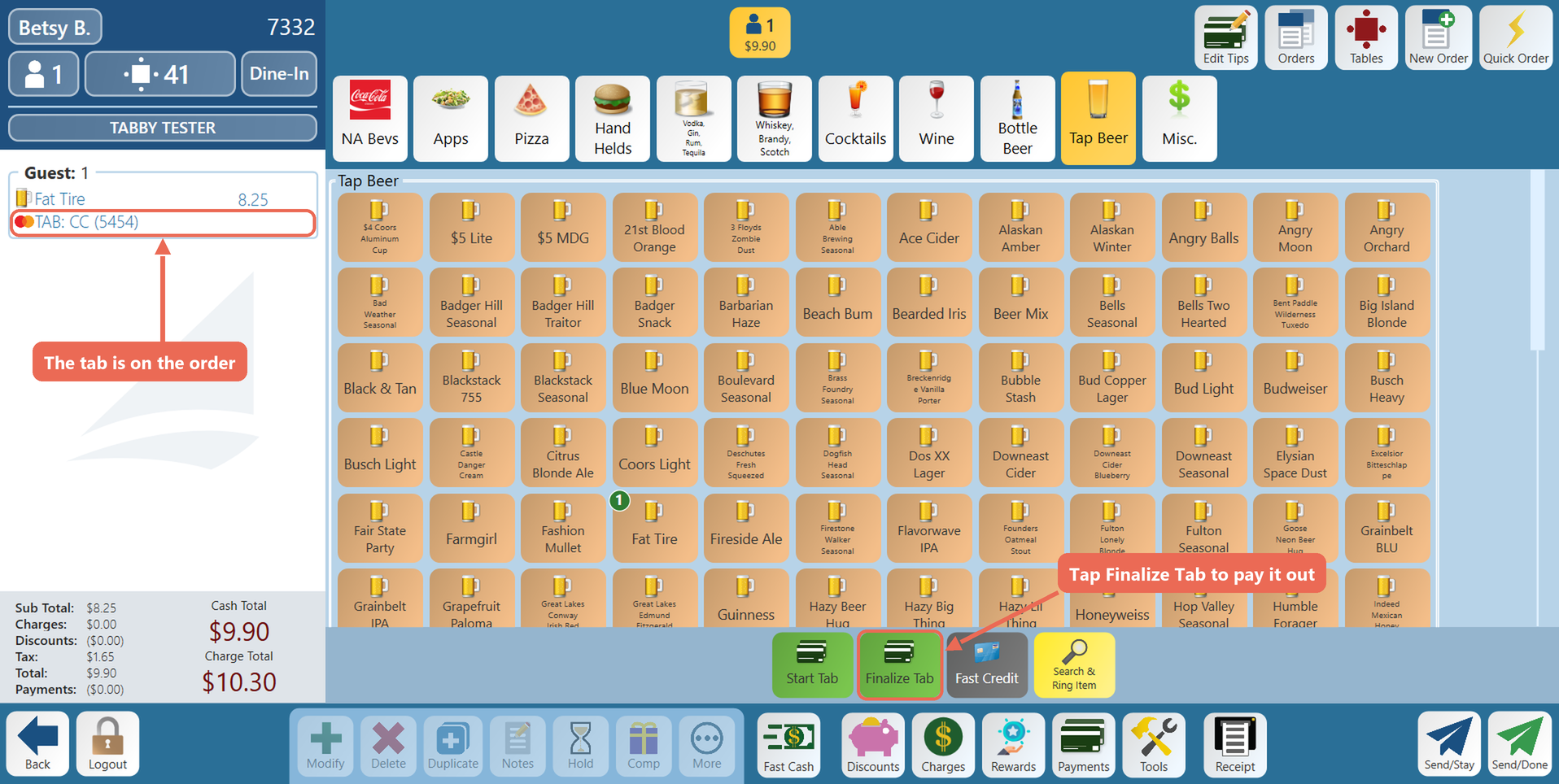 The order on table 41 with the TAB: CC (5454) line and the Finalize Tab button boxed