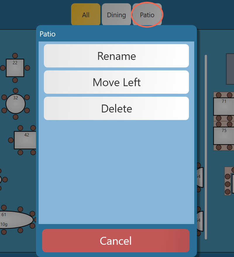 The menu for the Patio section: Rename, Move Left, Delete