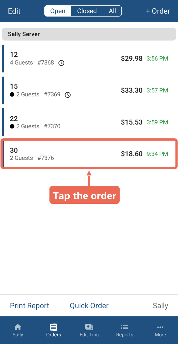 The Orders screen with the order for Table 30 marked