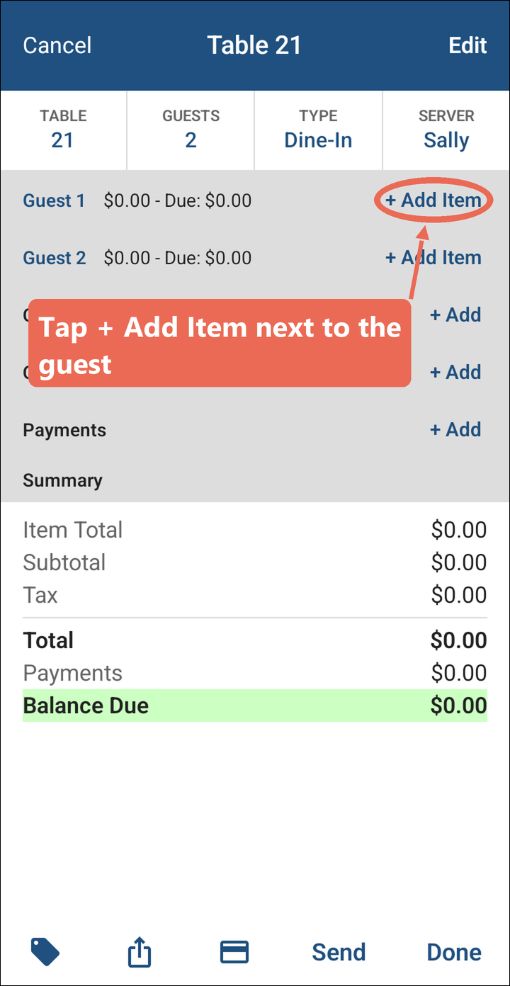 A new order for table 21 with the + Add Item button next to Guest 1 marked