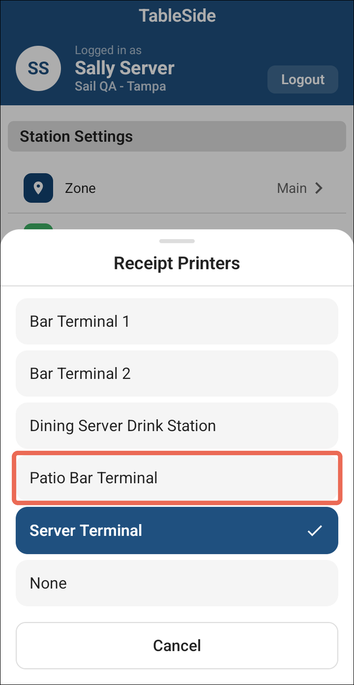 The Receipt Printers list with Patio Bar Terminal marked