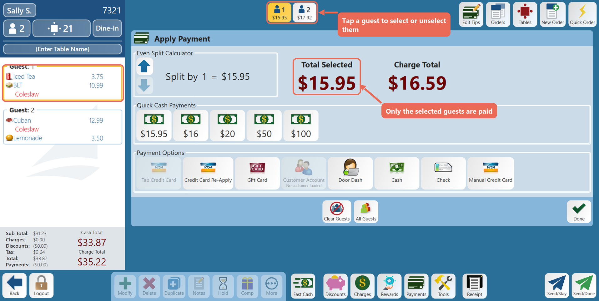 The Payments screen with only guest 1 selected and Total Selected showing $15.95, the guest buttons and Total Selected boxed