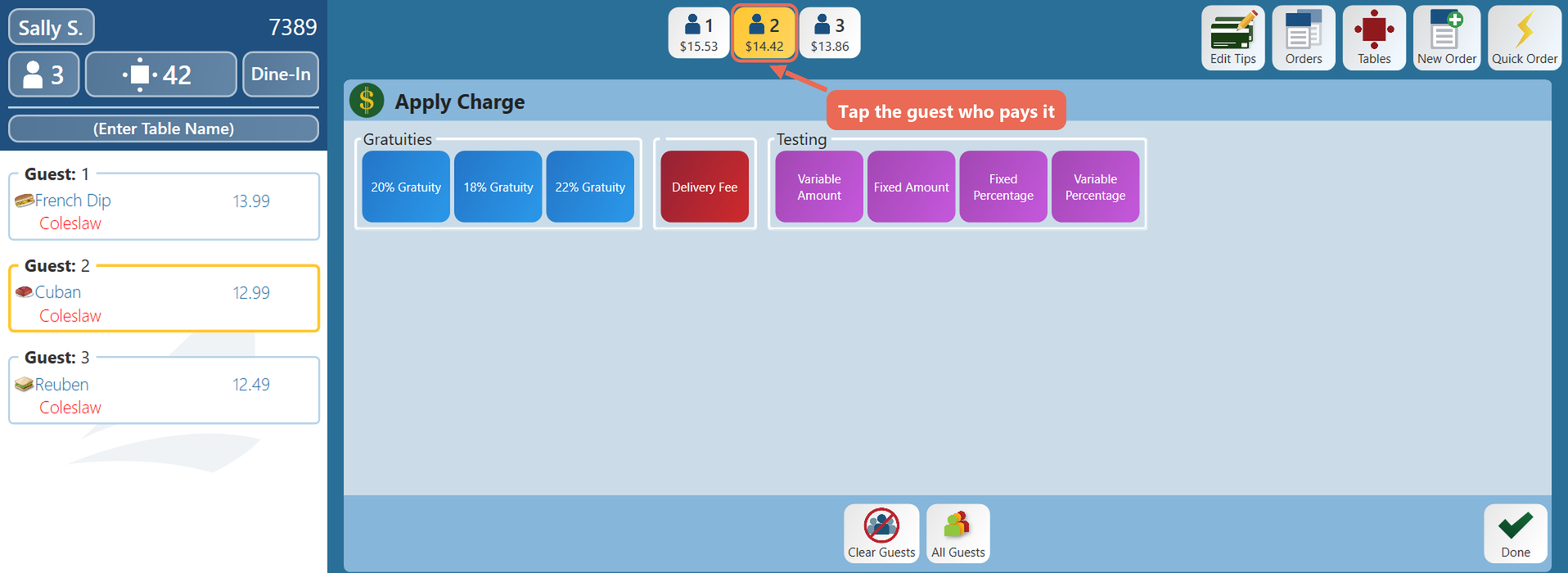The guest buttons at the top with only Guest 2 selected and marked