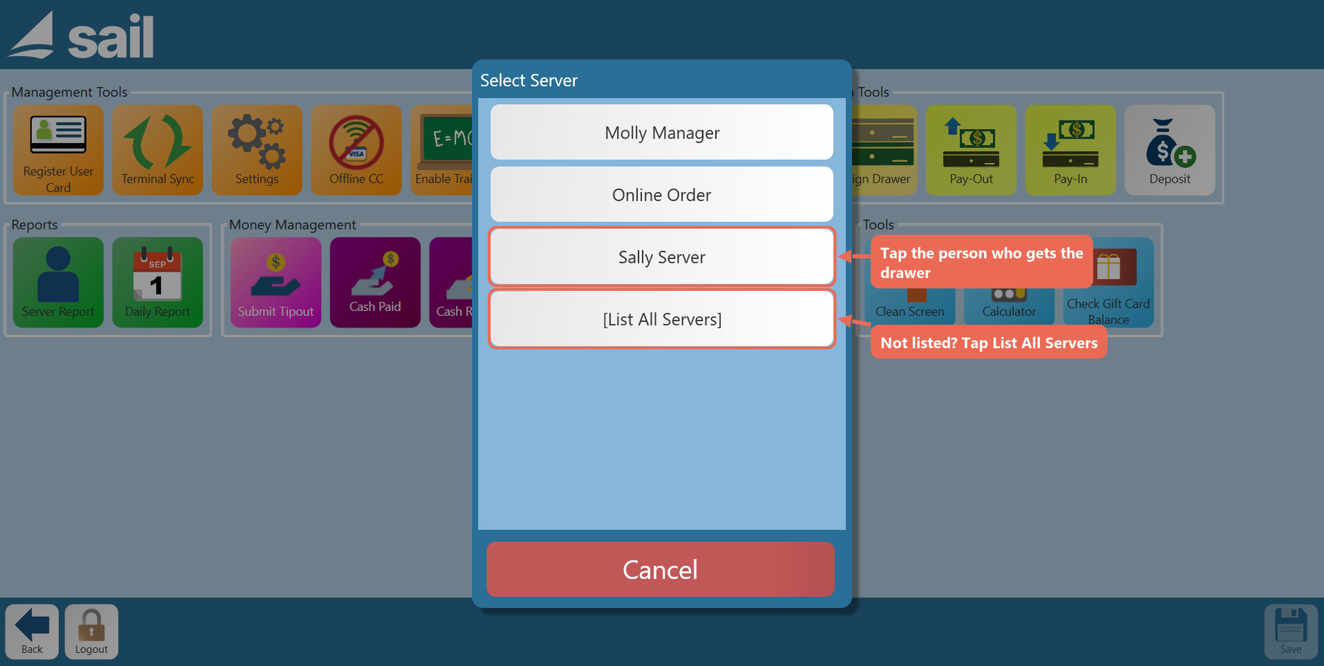 The Select Server list with Sally Server boxed, and List All Servers boxed