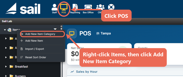 Backoffice with POS at the top marked, Items right-clicked in the left menu, and Add New Item Category marked in the menu that opens