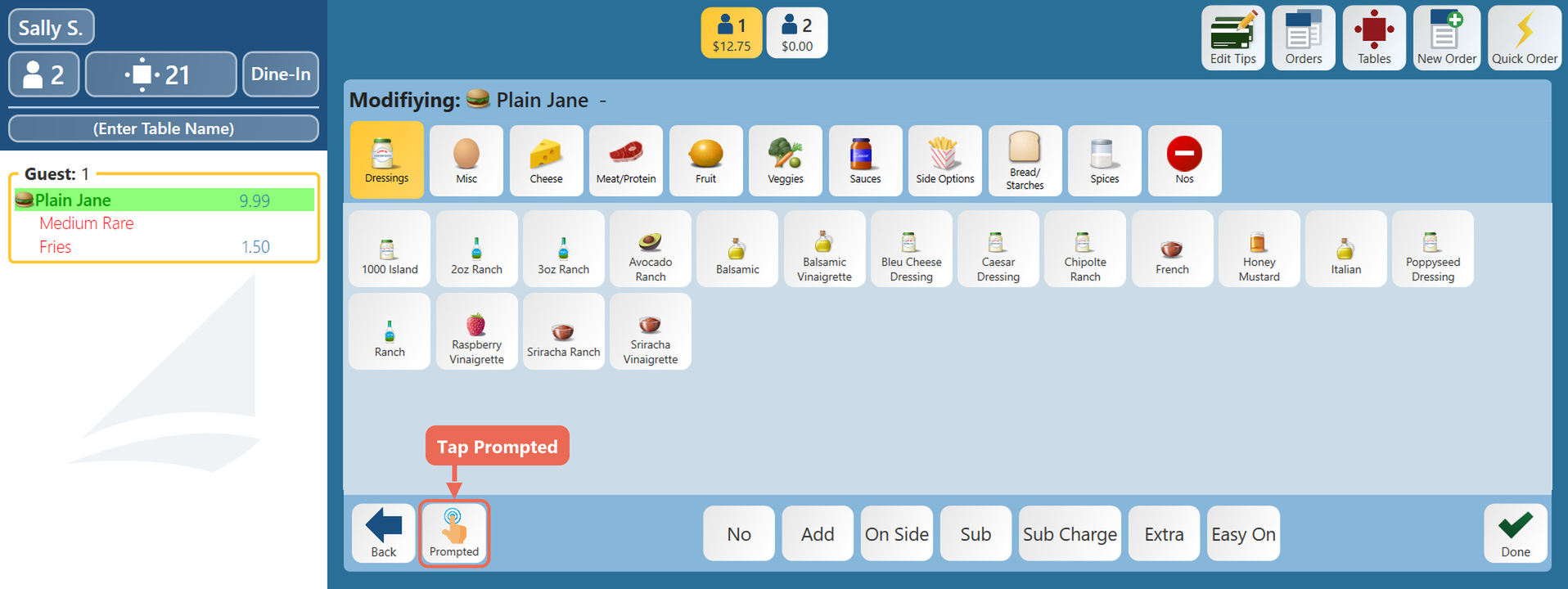The Modify screen with the Prompted button boxed