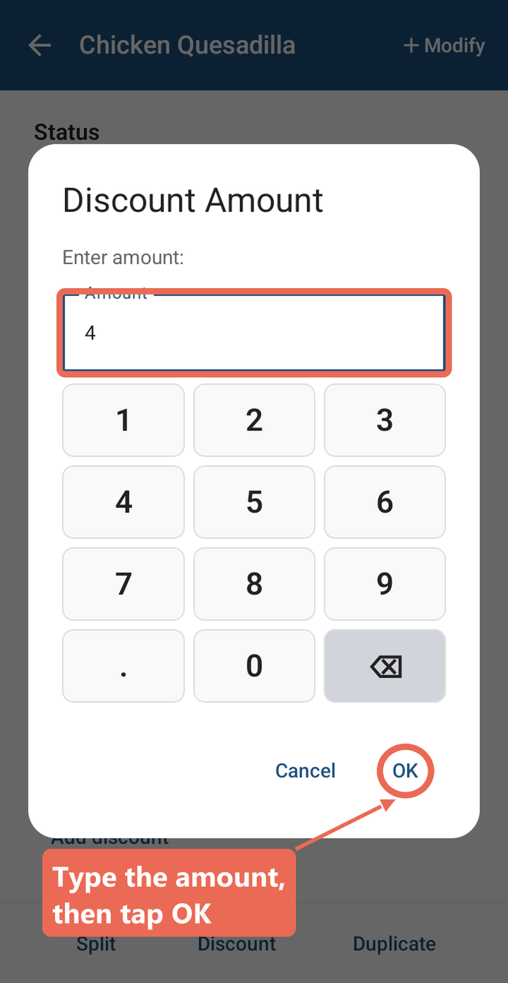 The Discount Amount window with 4 typed and the OK button marked