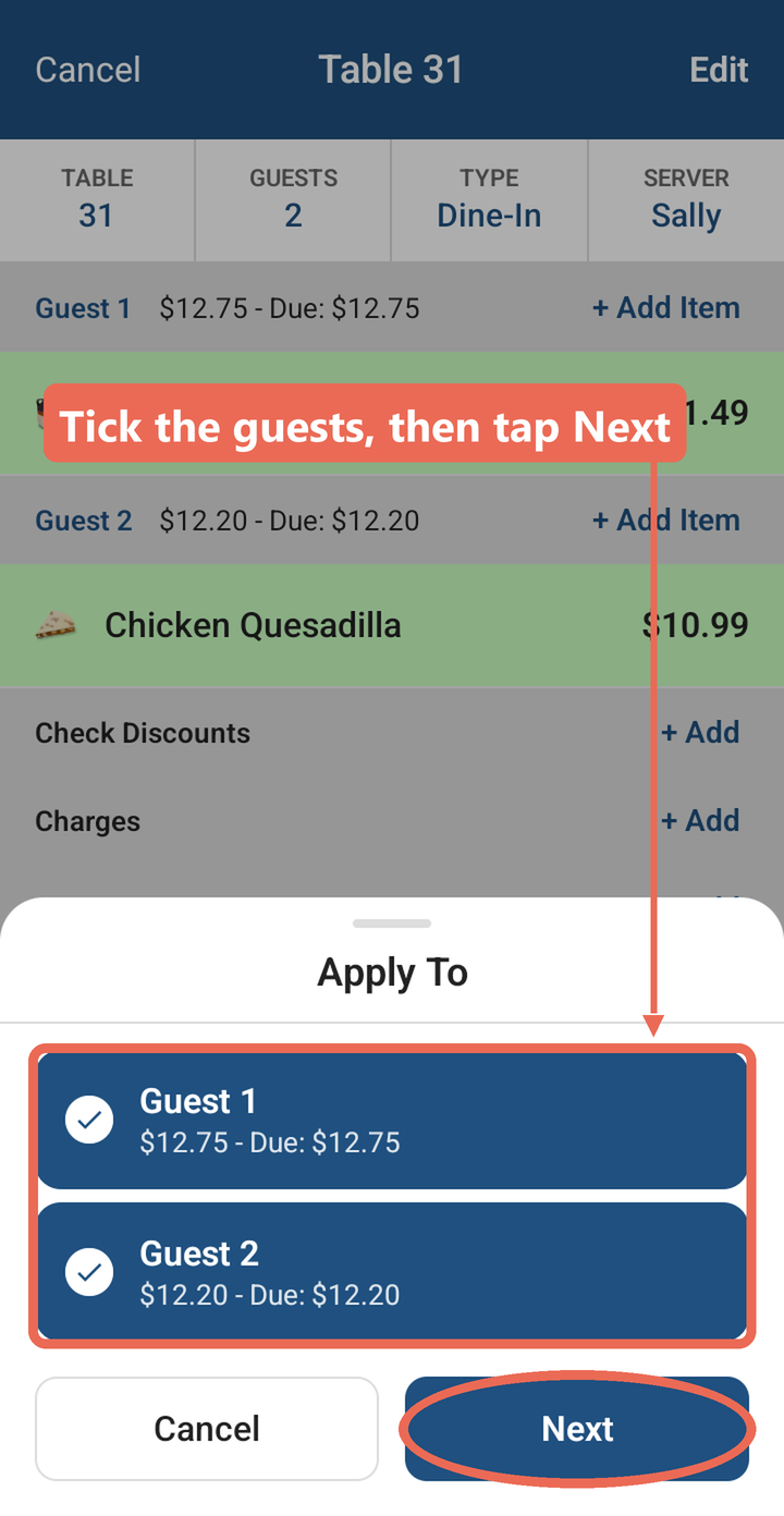 The Apply To list with Guest 1 and Guest 2 ticked and the Next button marked