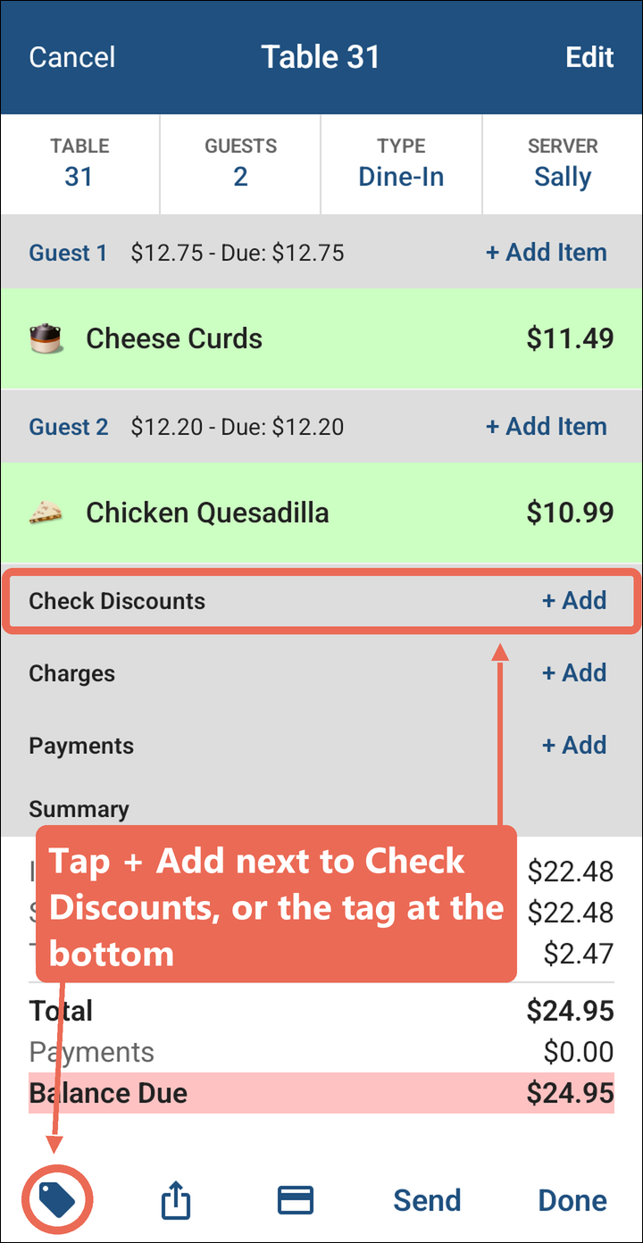 The order with the Check Discounts row and its + Add button marked