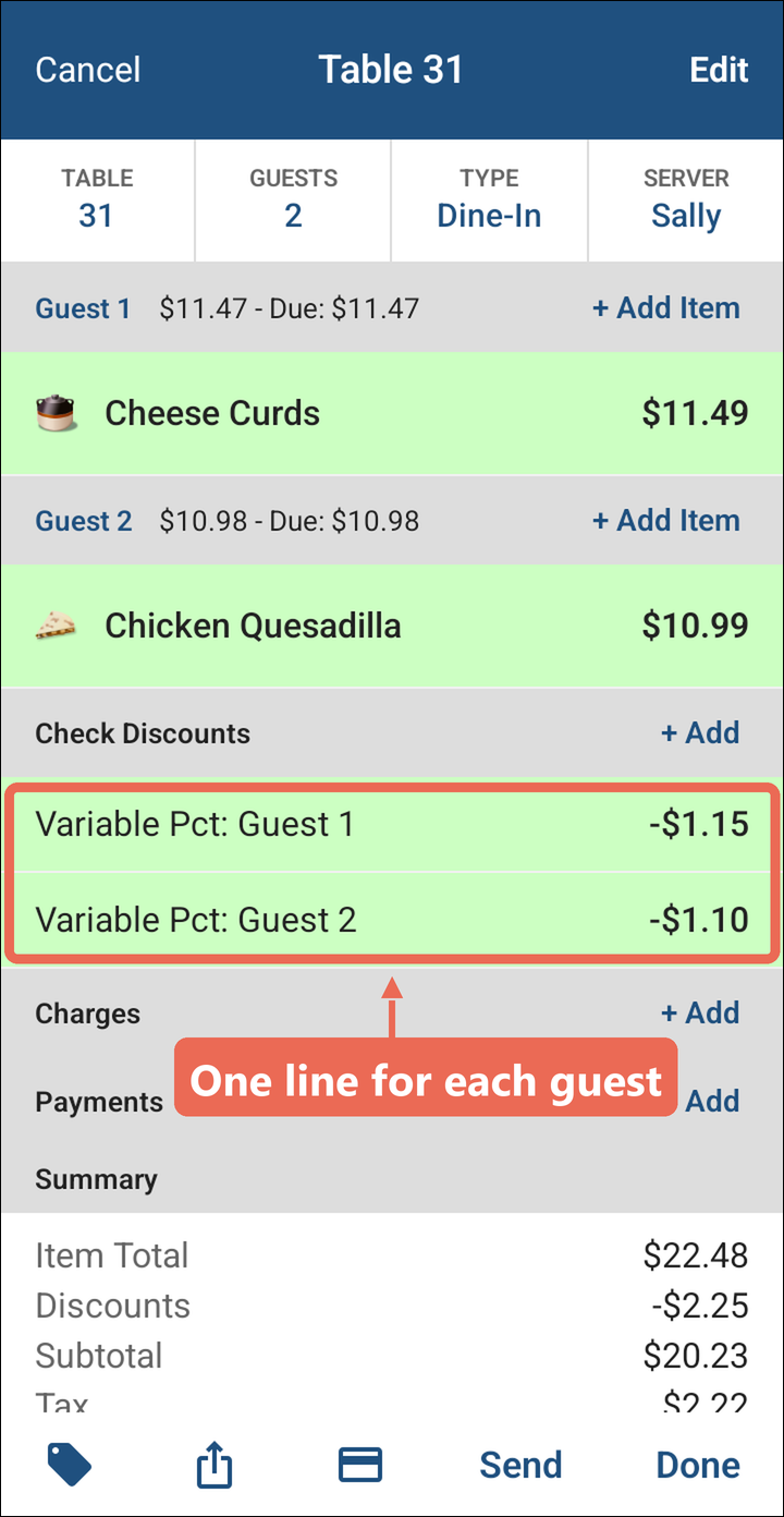 Check Discounts on the order showing Variable Pct: Guest 1 -$1.15 and Variable Pct: Guest 2 -$1.10, marked