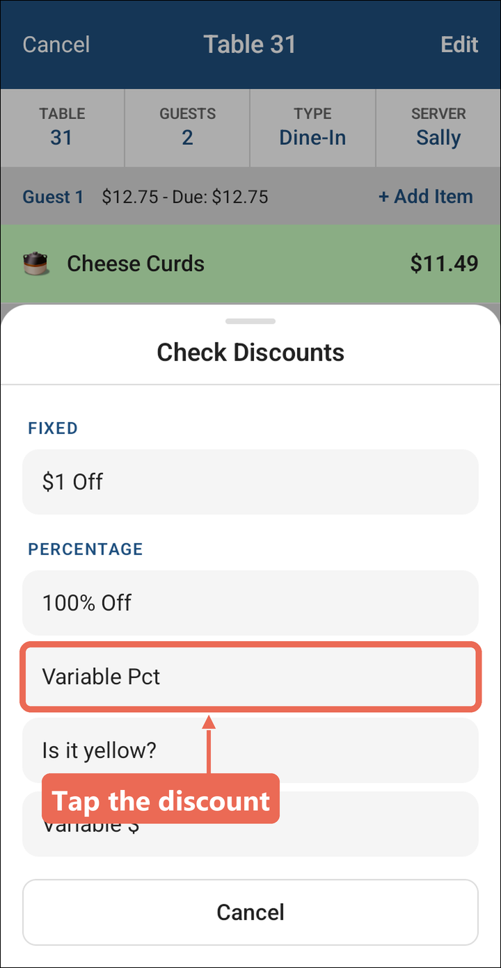 The Check Discounts list with Variable Pct marked