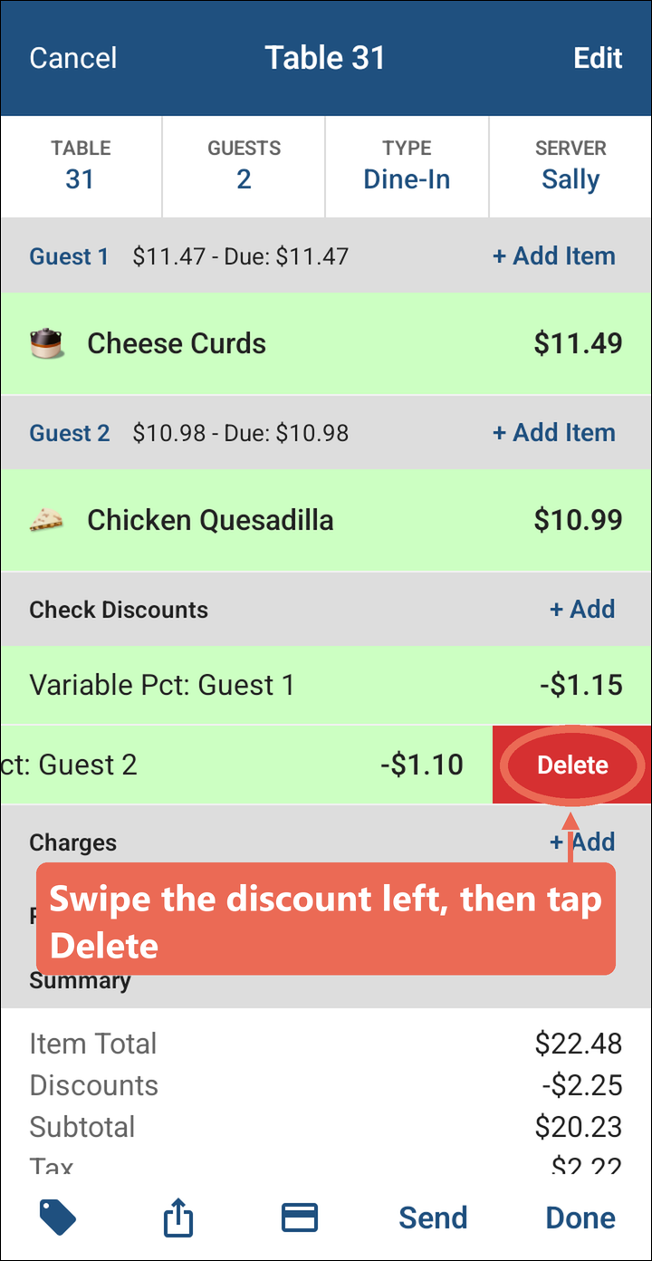The Variable Pct: Guest 2 line swiped left with the Delete button marked
