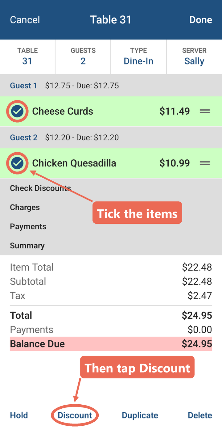 The order in Edit with Cheese Curds and Chicken Quesadilla ticked, and the Discount button at the bottom marked