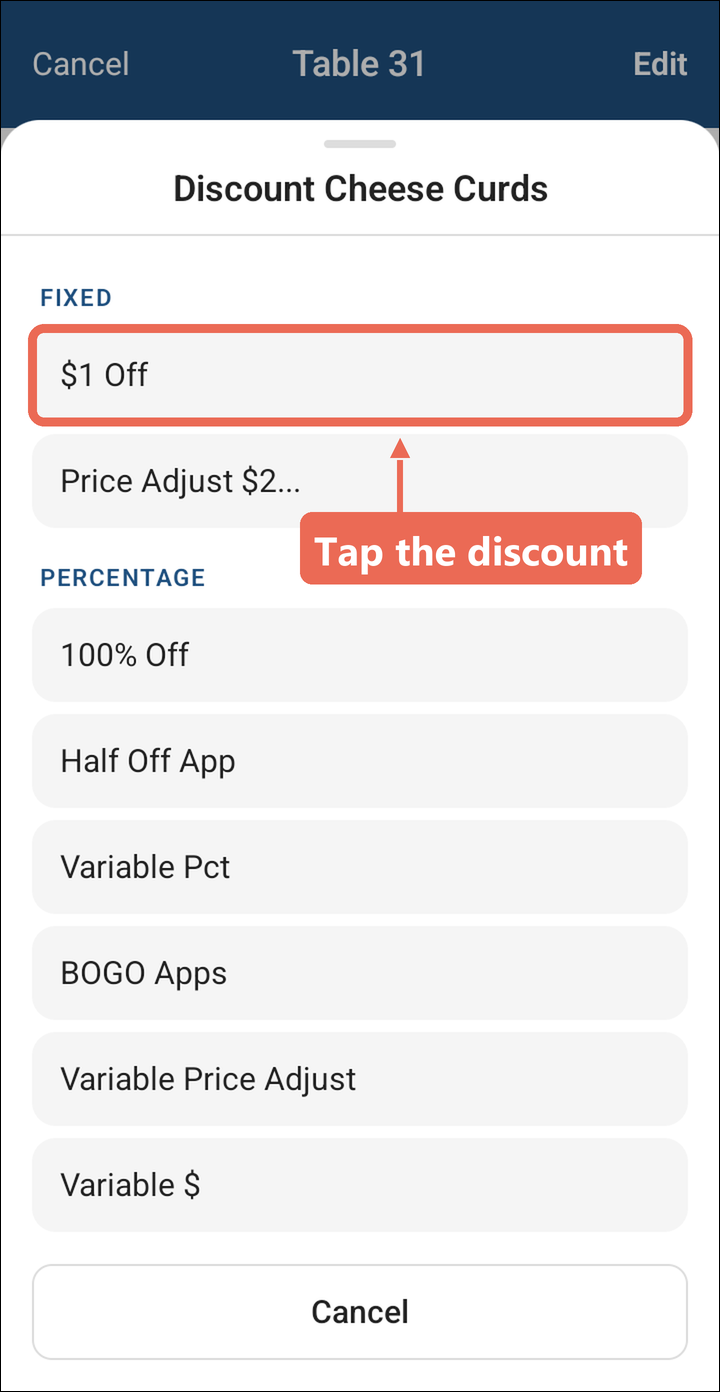The Discount Cheese Curds list with $1 Off marked
