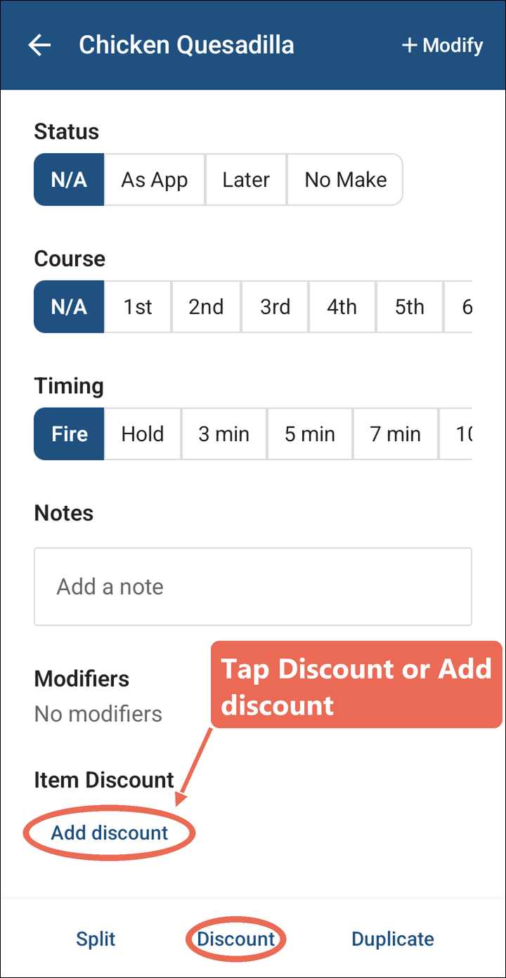 The Chicken Quesadilla screen with the Discount button at the bottom and Add discount under Item Discount marked