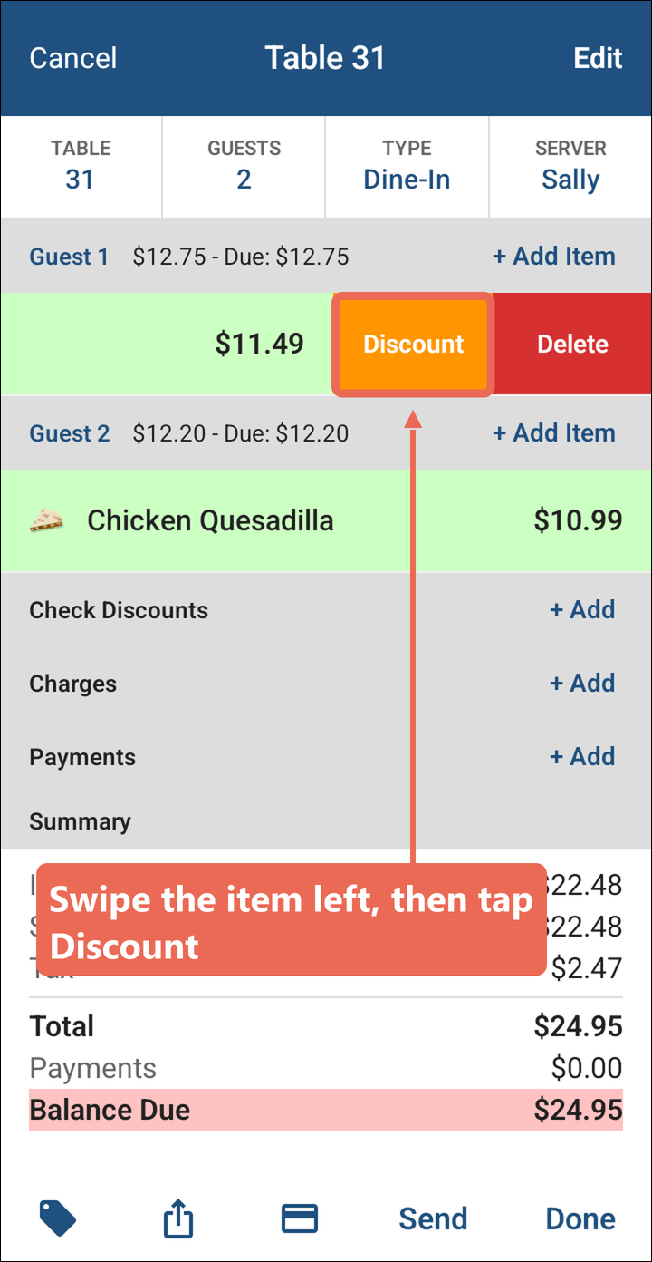 Cheese Curds swiped left on the order, with the orange Discount button marked