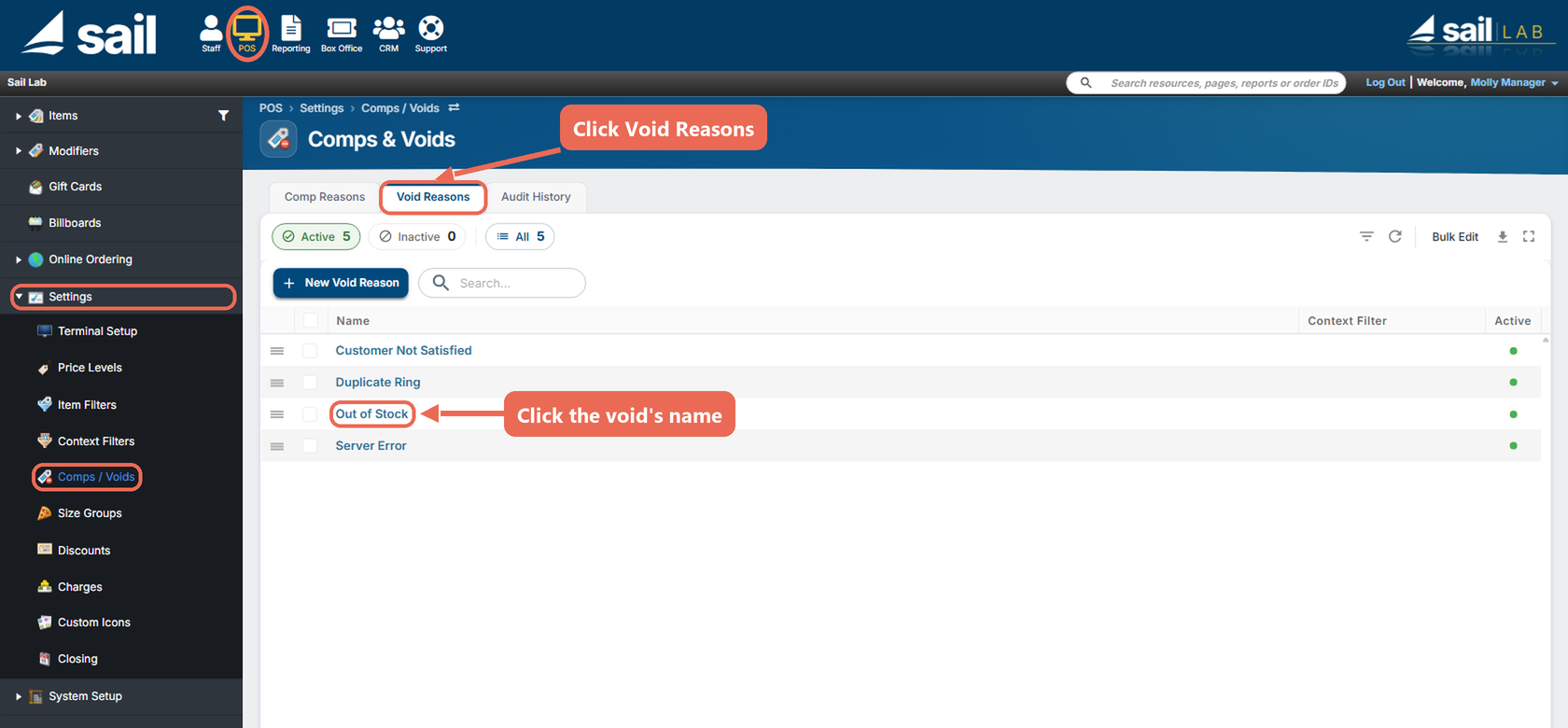 Backoffice with POS at the top, Settings and Comps / Voids in the left menu, the Void Reasons tab and the void Out of Stock marked