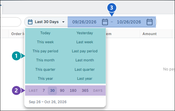 The date range menu open, with numbers on the quick choices, the Last 7 to 365 days row, and the start and end dates