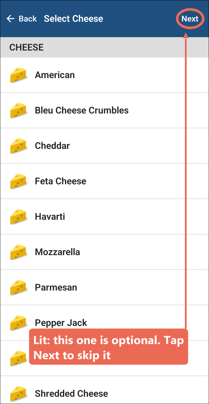 The Select Cheese question with the lit Next button marked