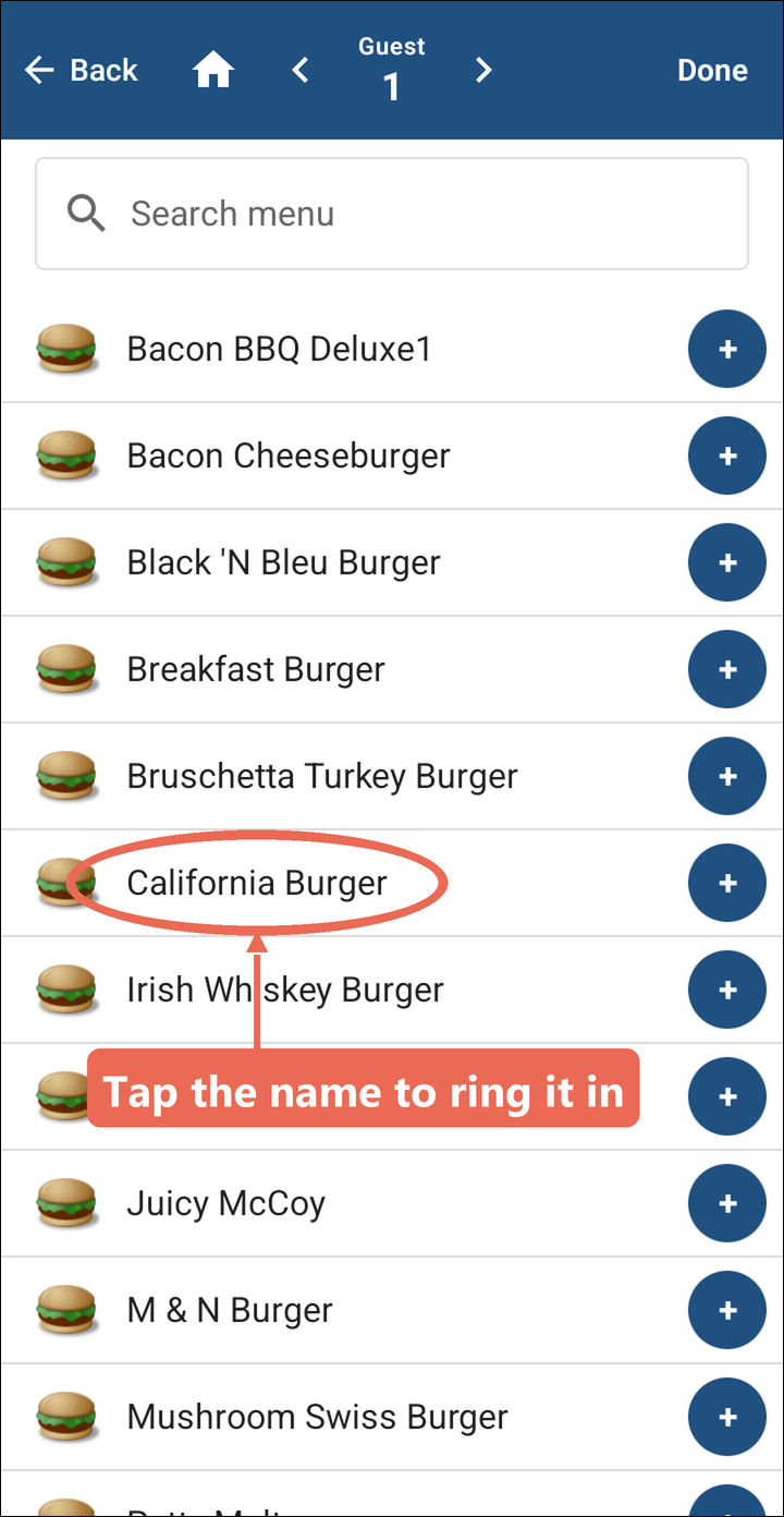 The Burgers category with the California Burger name marked