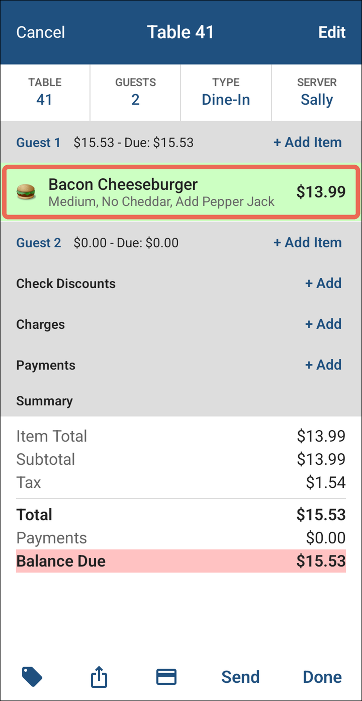 The Bacon Cheeseburger on the order with Medium, No Cheddar, Add Pepper Jack under it