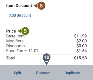 The bottom of the Modify screen with numbered markers: Item Discount, Price, and the Split, Discount and Duplicate buttons