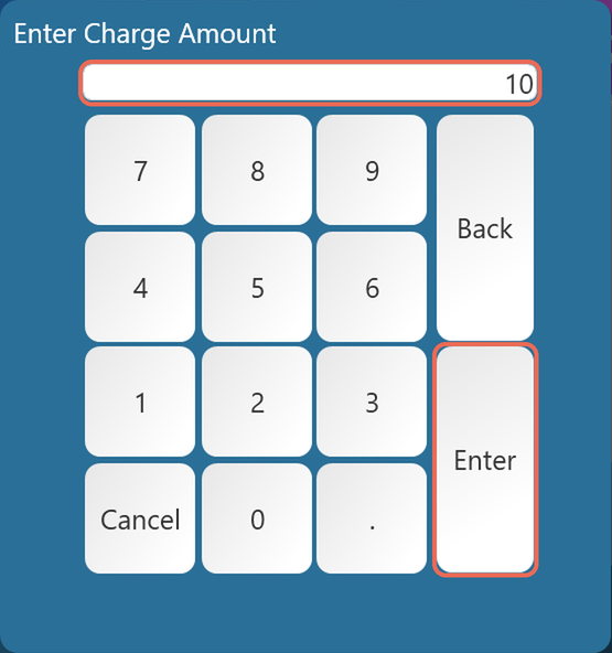 The Enter Charge Amount keypad with 10 typed in, and the Enter key marked