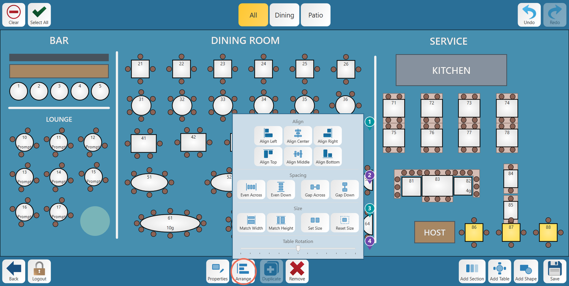 The Arrange panel with numbered markers, opened from the Arrange button
