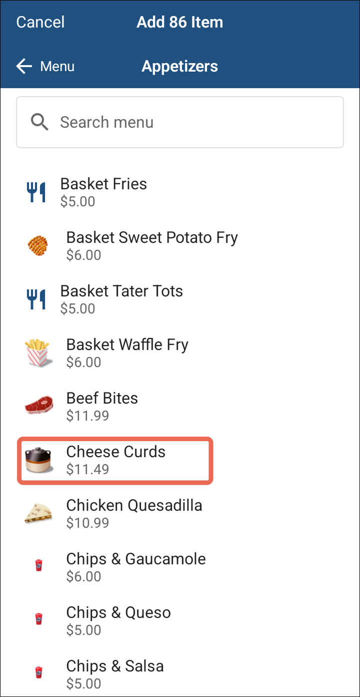 The Appetizers category in the Add 86 Item window, with Cheese Curds marked