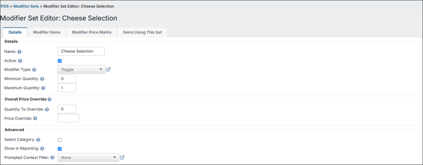 The Details tab of the Cheese Selection modifier set: Toggle type, Minimum Quantity 0, Maximum Quantity 1