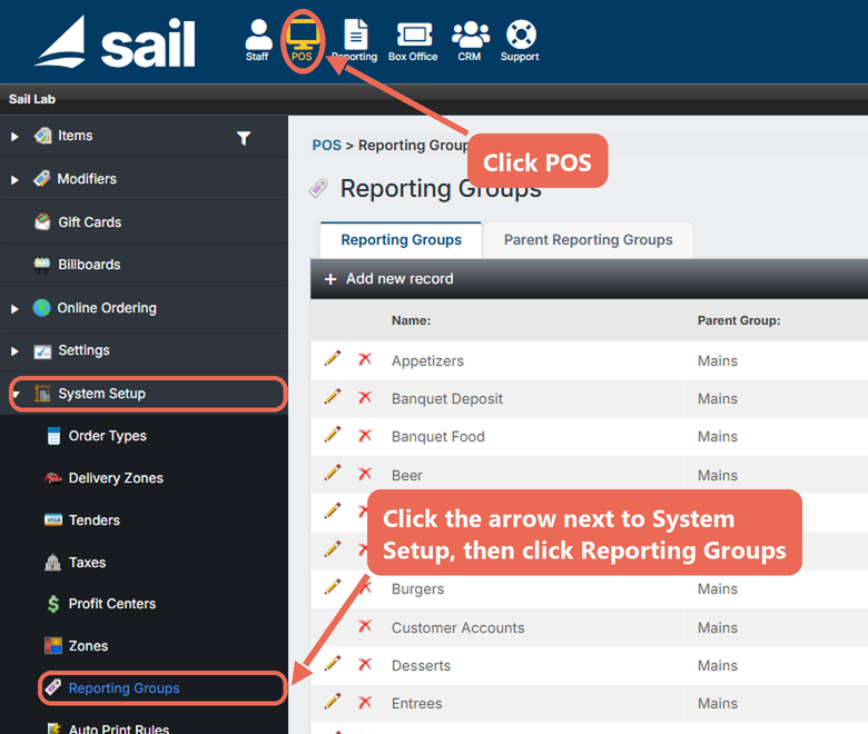 Backoffice with POS circled at the top and System Setup, Reporting Groups marked in the menu on the left