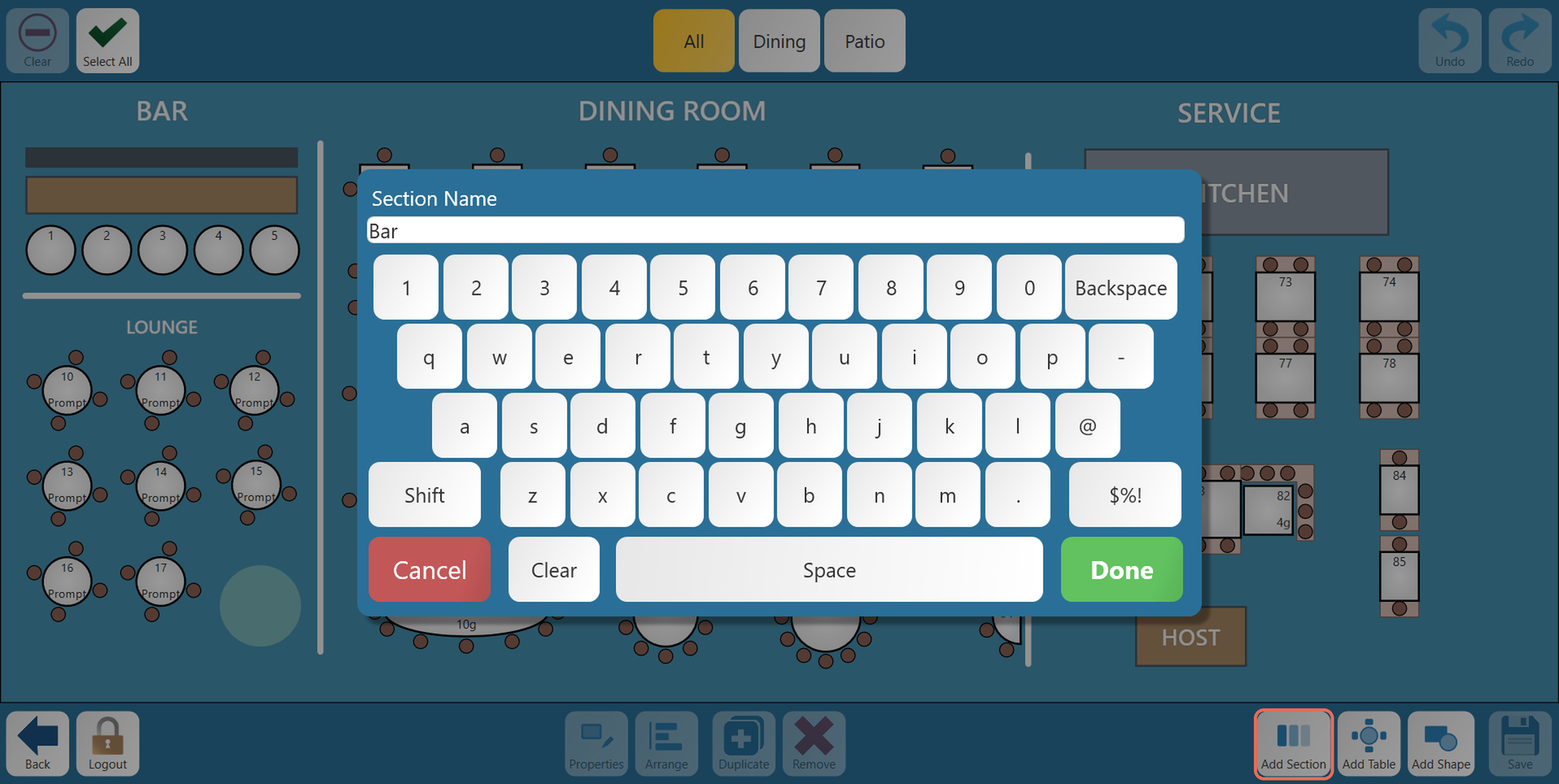 The Section Name keyboard with Bar typed in