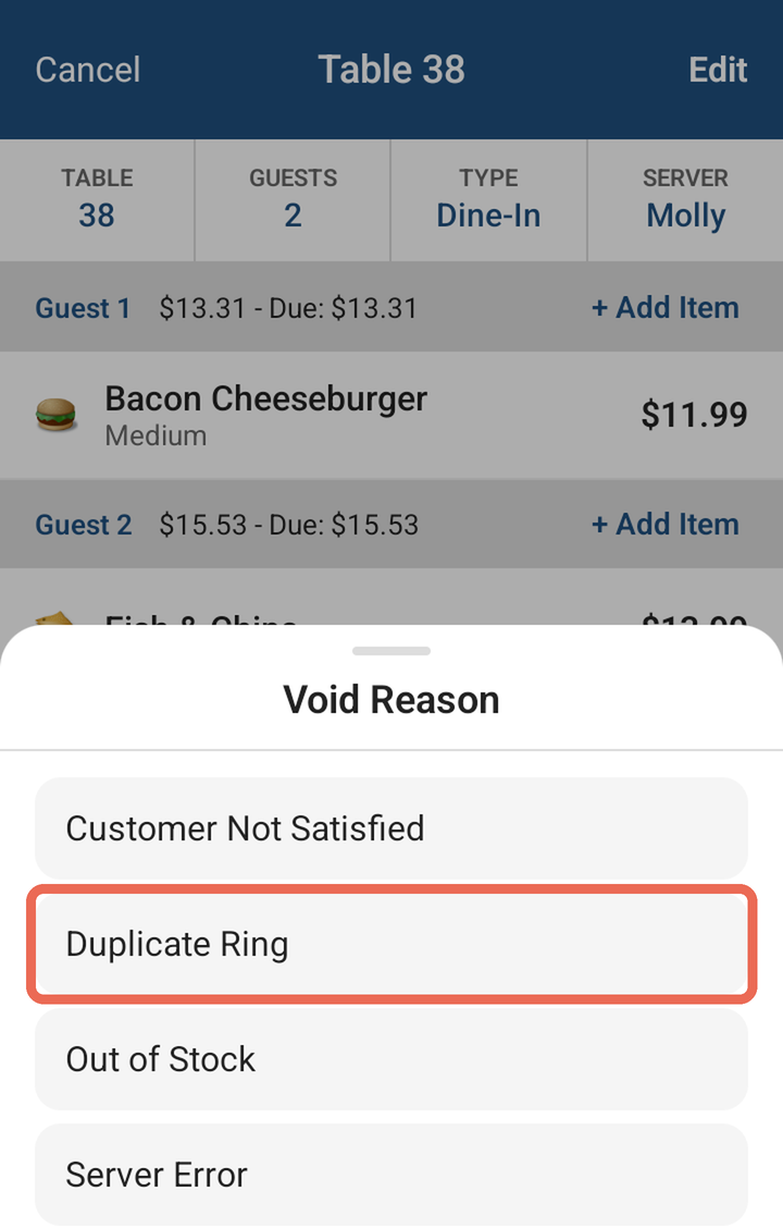 The Void Reason list with Duplicate Ring marked