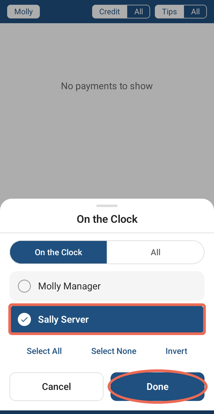The On the Clock list with Sally Server picked and Done marked