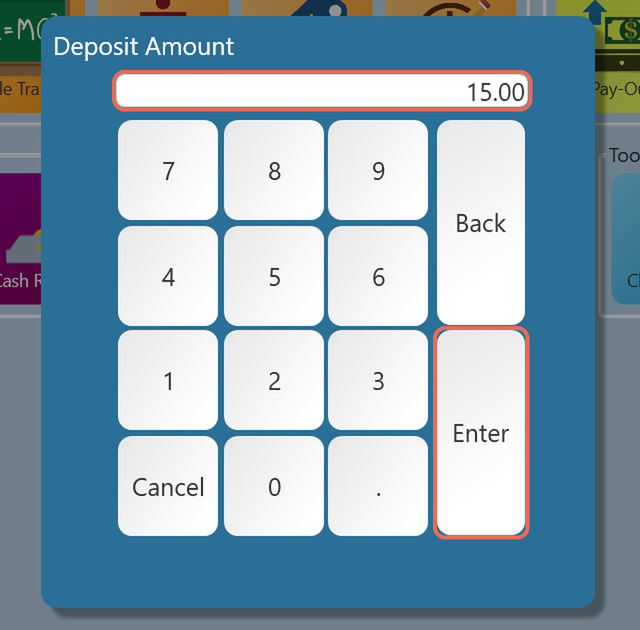 The Deposit Amount keypad with the new amount 15.00 typed, the amount and the Enter key boxed