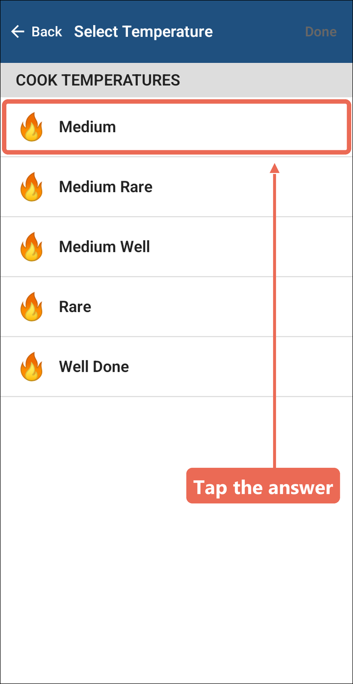 The Select Temperature screen with Medium marked