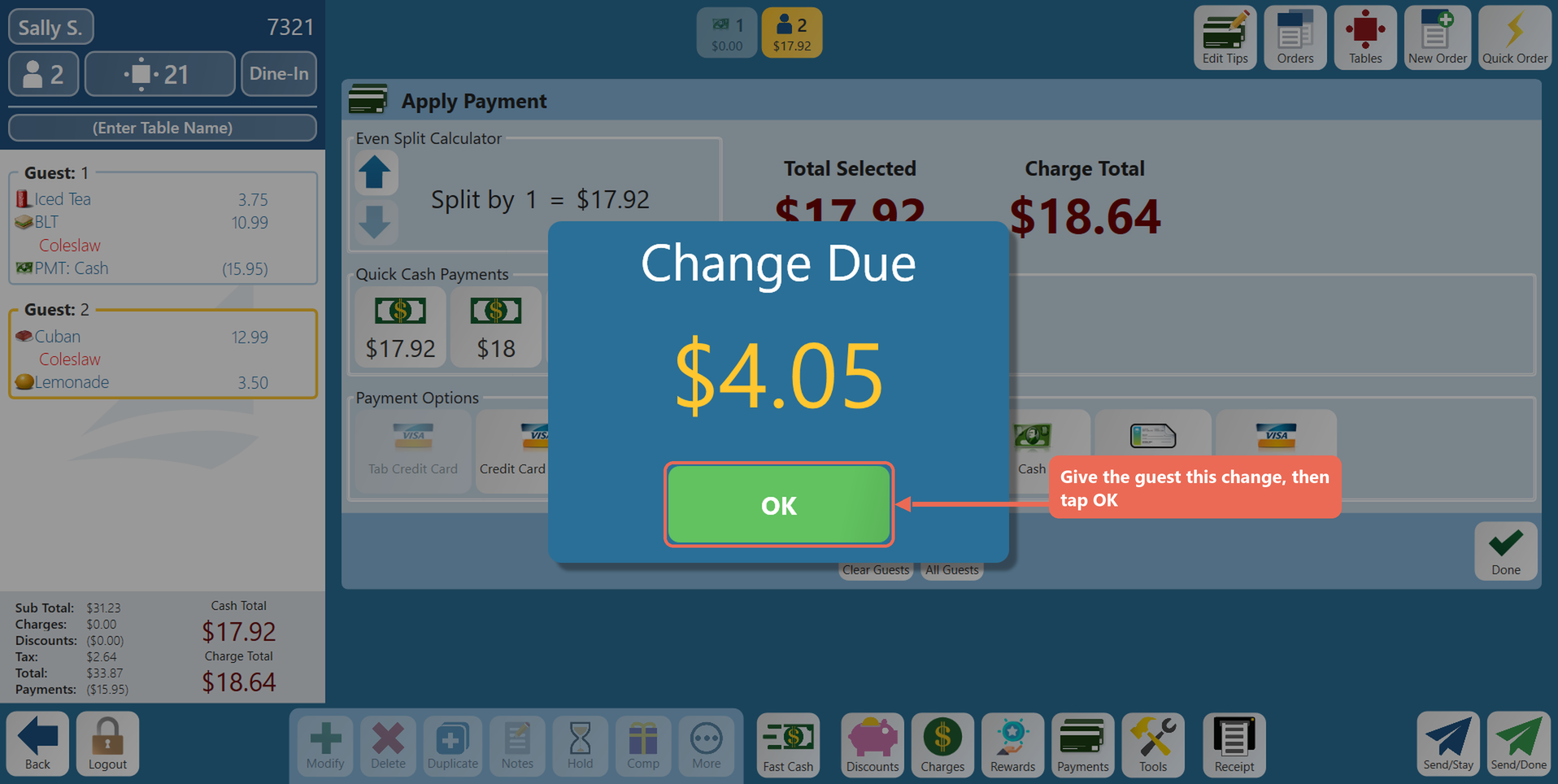 The Change Due window showing $4.05, with the OK button boxed
