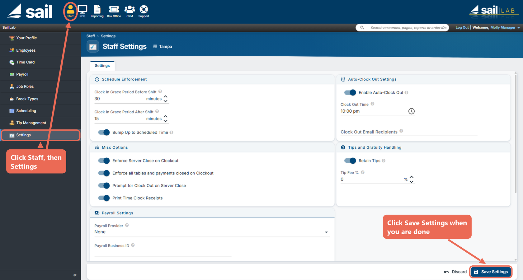 The Staff Settings page in Backoffice with Staff at the top and Settings in the left menu marked, and the Save Settings button marked at the bottom right