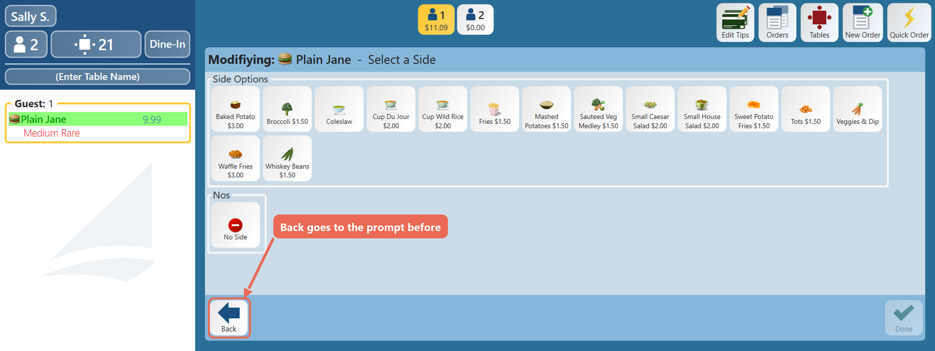 The Select a Side prompt with the Back button boxed