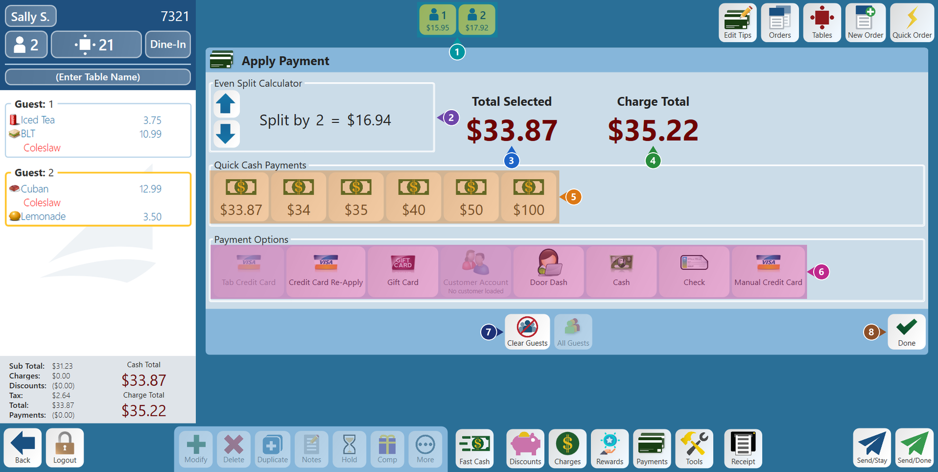 The Payments screen with numbered markers on the guest buttons, the Even Split Calculator, Total Selected, Charge Total, Quick Cash Payments, Payment Options, Clear Guests and Done