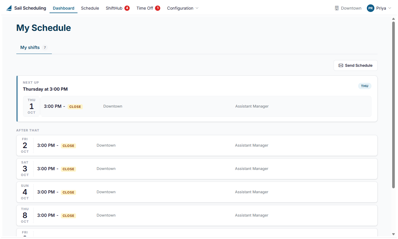 The Dashboard, showing your upcoming shifts