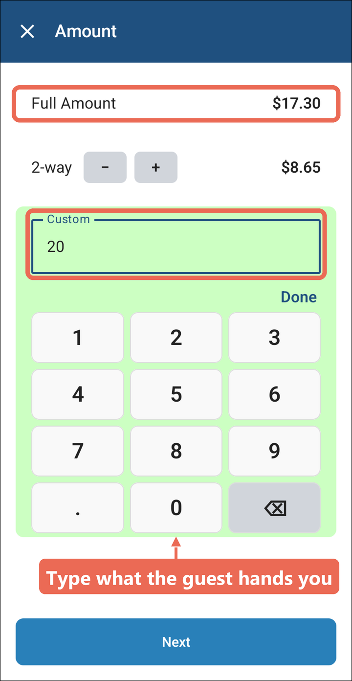 The Amount screen with $17.30 due and 20 typed in Custom