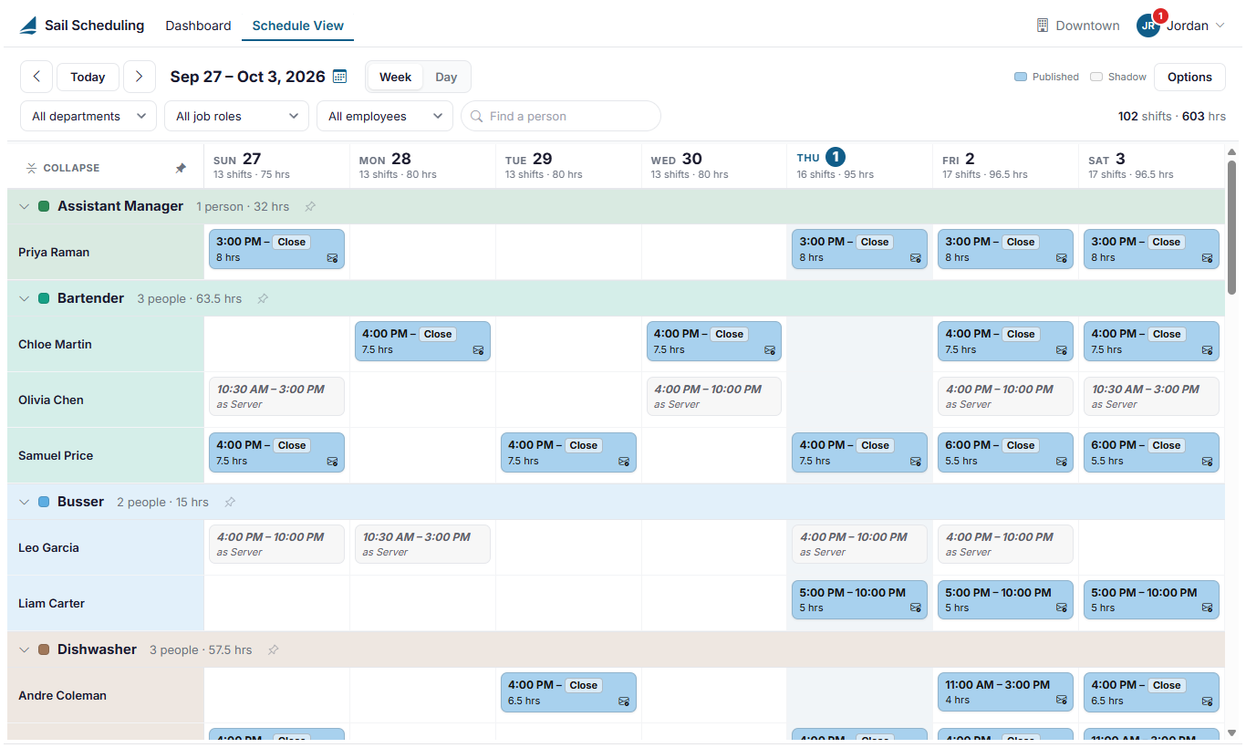 Schedule View, the published schedule for the location