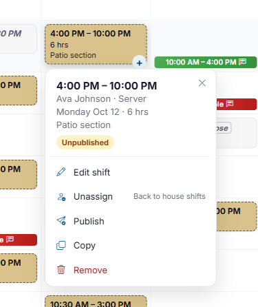 The menu for an unpublished shift