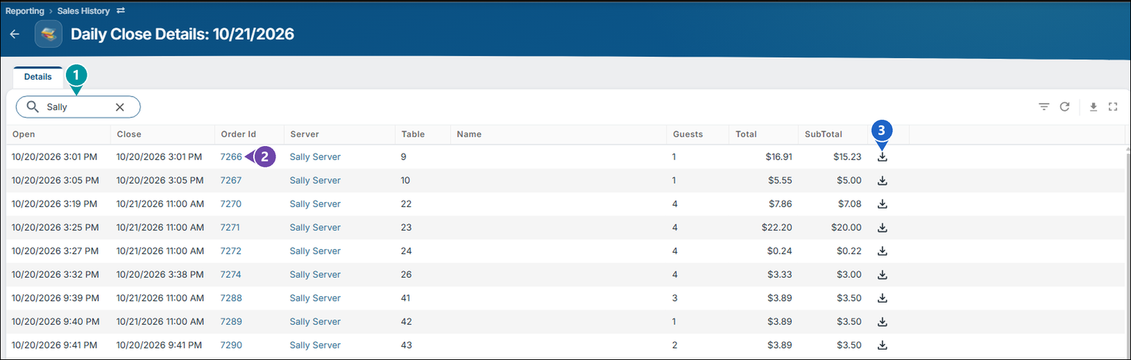 The orders for 10/21/2026 with Sally in the search box, and numbers on the search box, an Order Id and a download button
