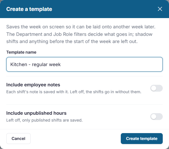 The Create a template window, named Kitchen - regular week