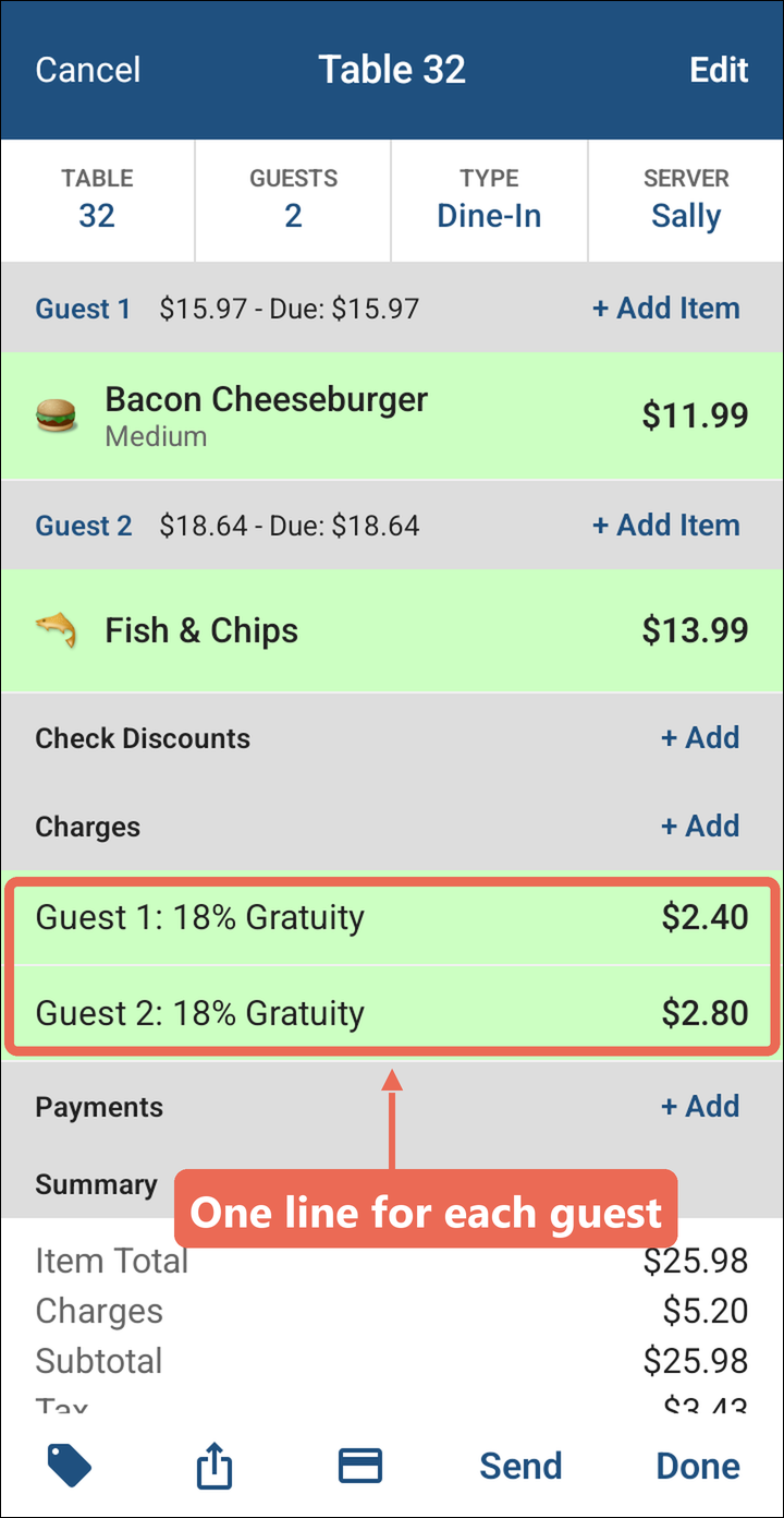 Charges on the order showing Guest 1: 18% Gratuity $2.40 and Guest 2: 18% Gratuity $2.80, marked