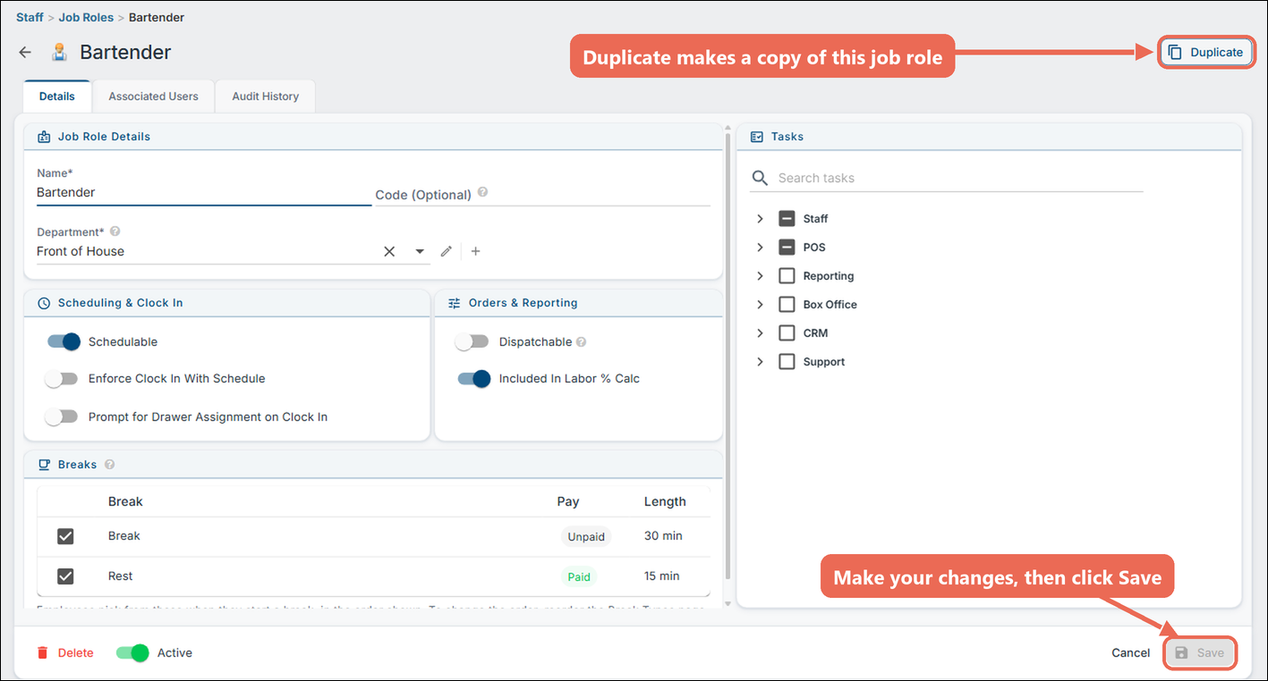 The Bartender job role open for editing, with the Save button and the Duplicate button marked