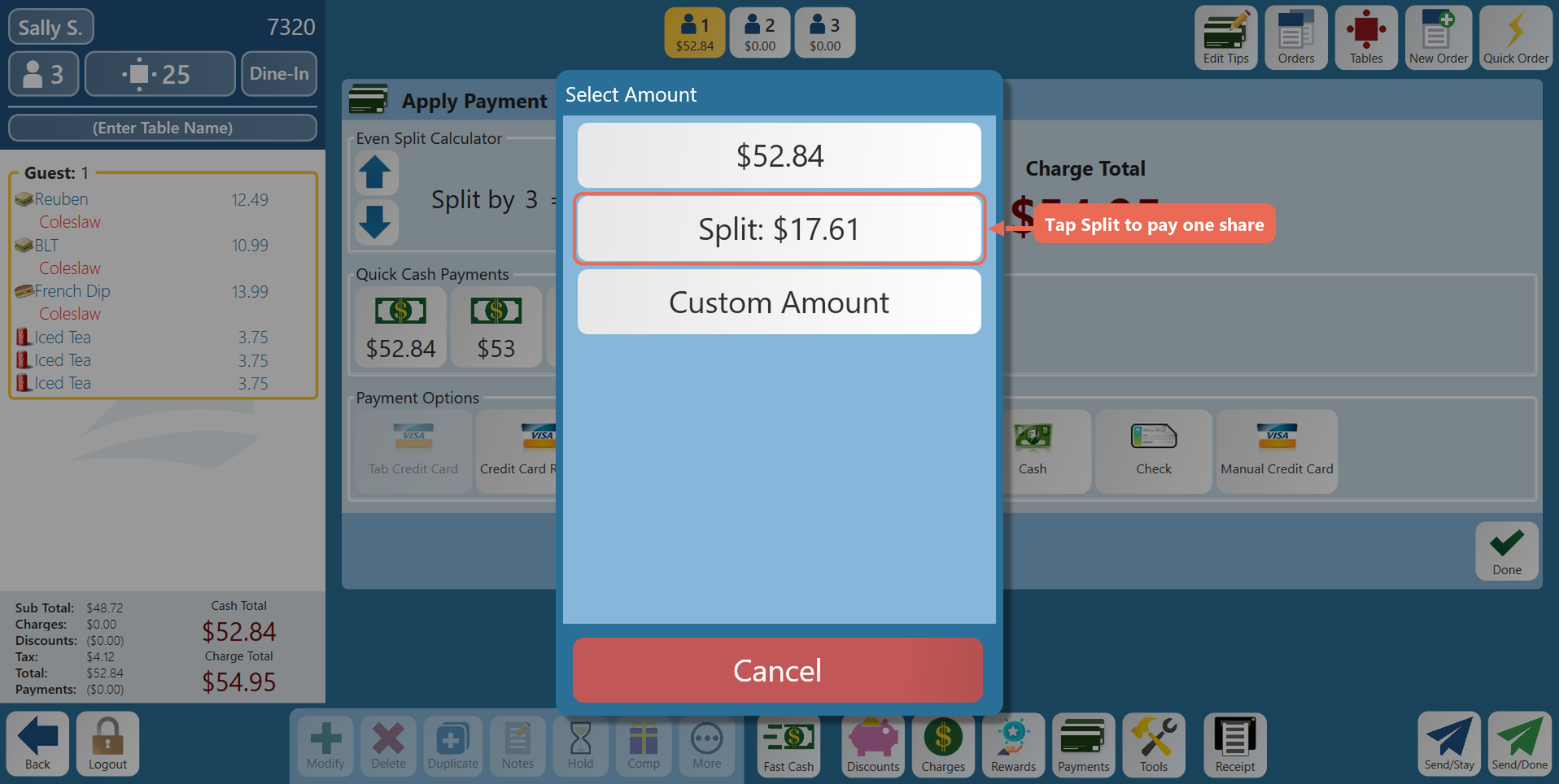 The Select Amount list with Split: $17.61 boxed
